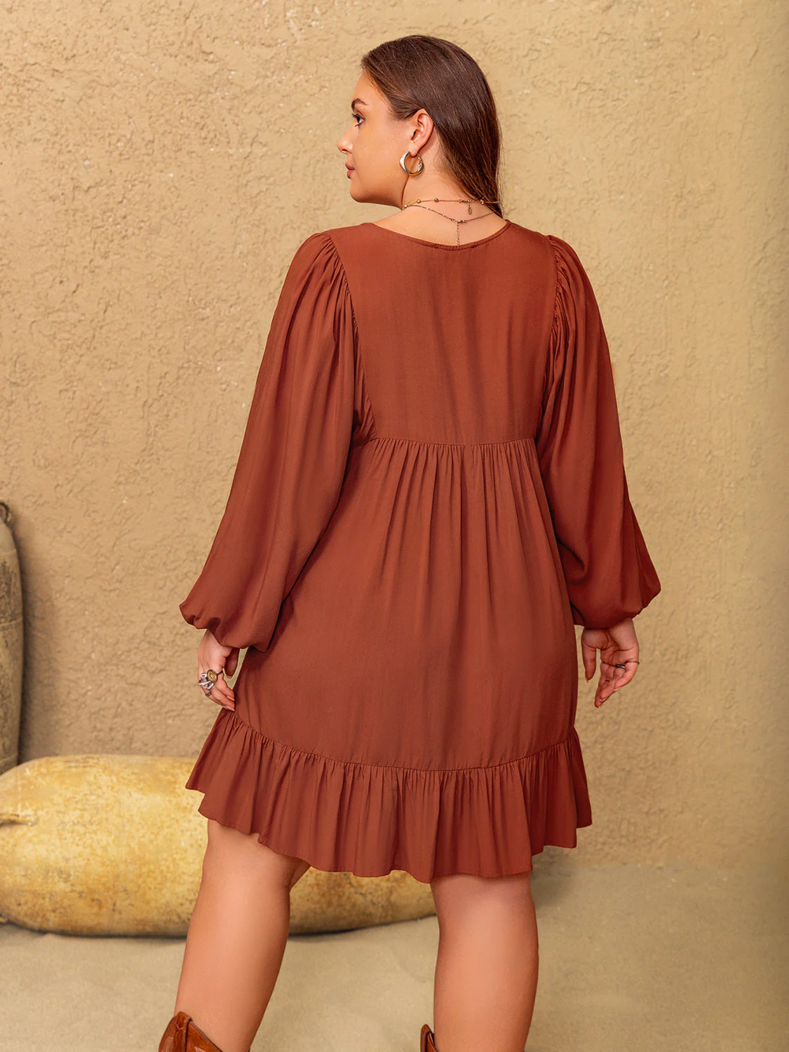 Plus Size Embroidered Tie Neck Balloon Sleeve Mini Dress - Image 2