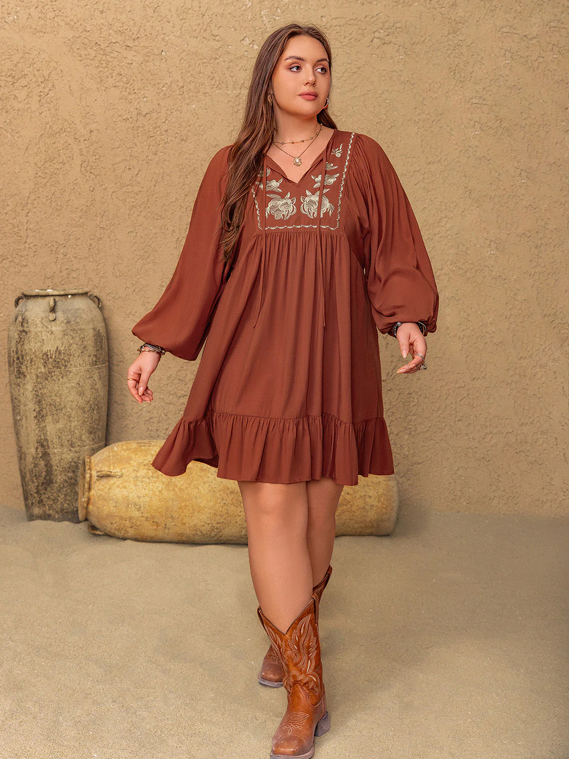 Plus Size Embroidered Tie Neck Balloon Sleeve Mini Dress - Image 5