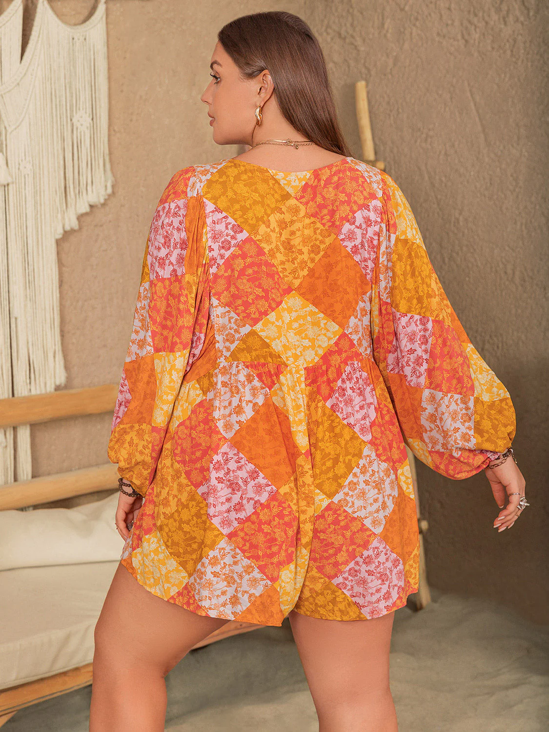 Plus Size Floral Tie Neck Balloon Sleeve Romper - Image 11