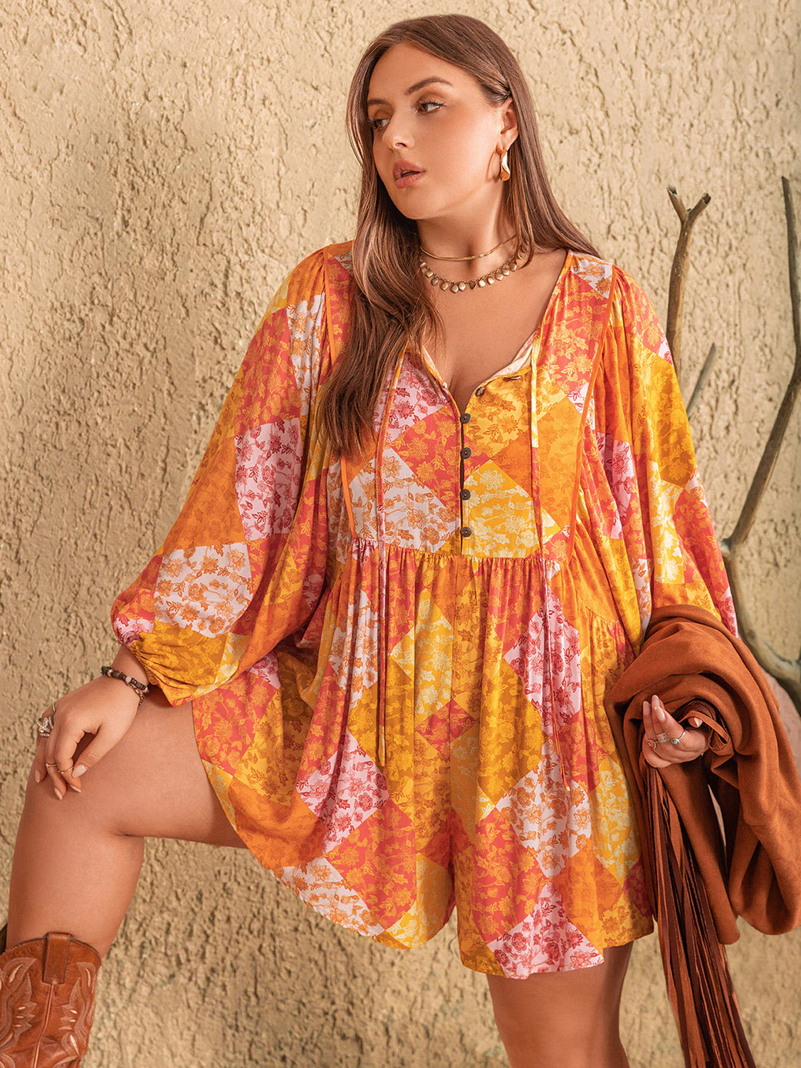 Plus Size Floral Tie Neck Balloon Sleeve Romper - Image 12