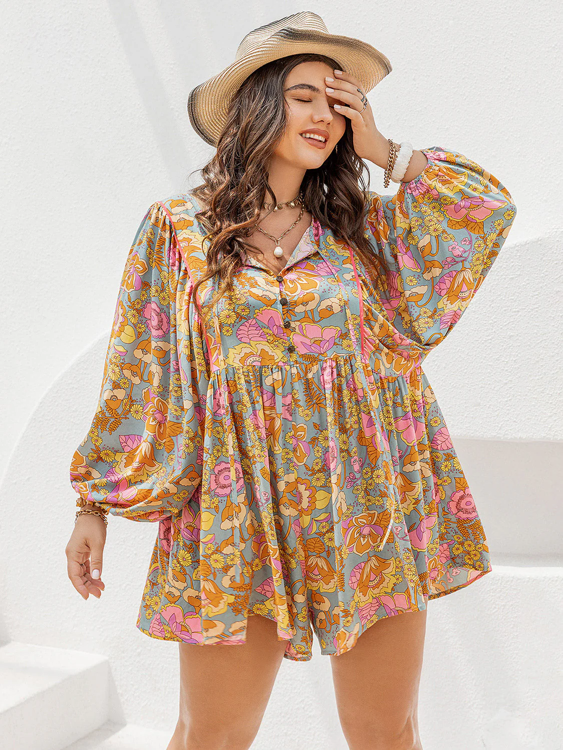 Plus Size Floral Tie Neck Balloon Sleeve Romper - Image 14