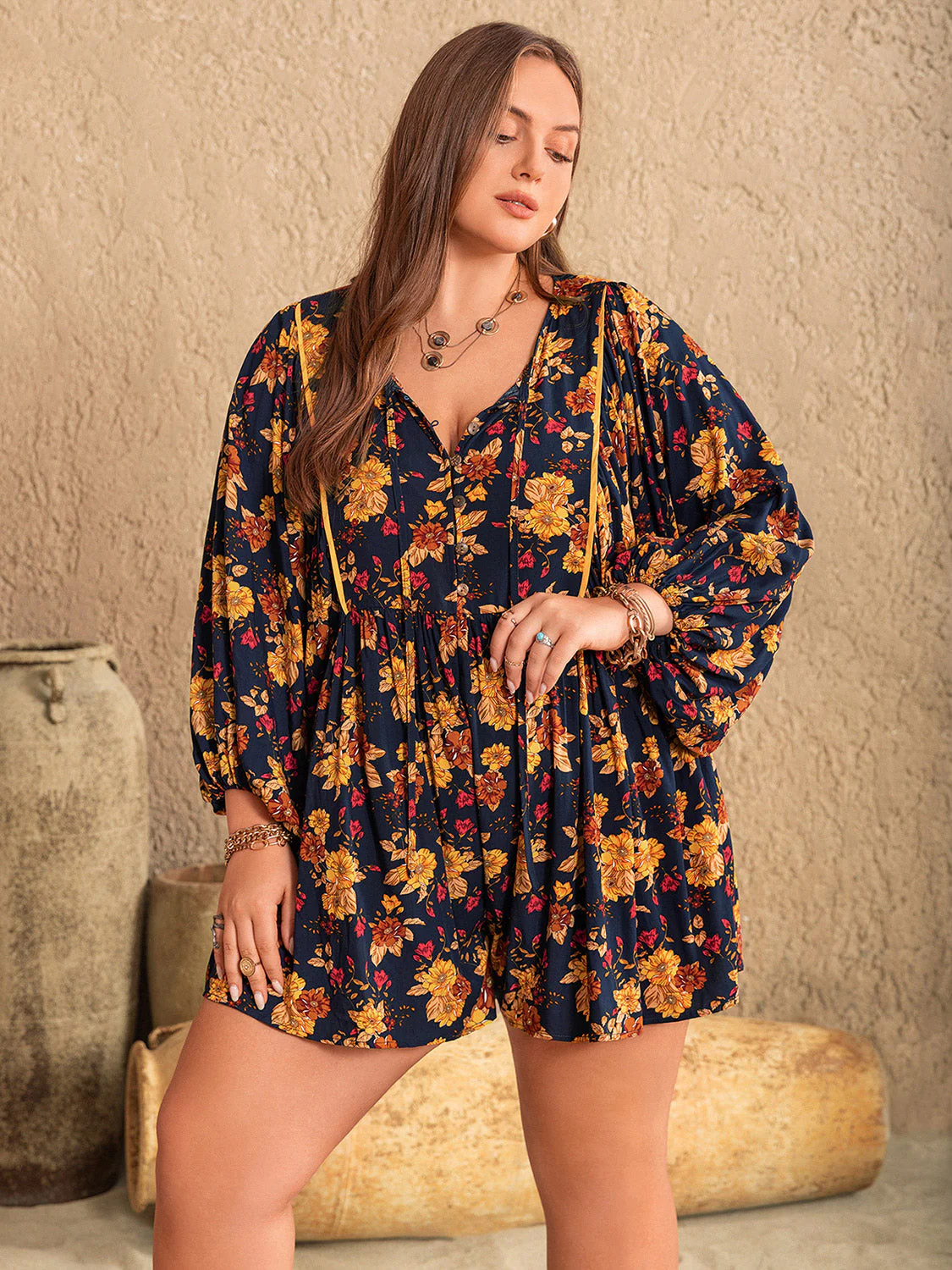 Plus Size Floral Tie Neck Balloon Sleeve Romper - Image 3