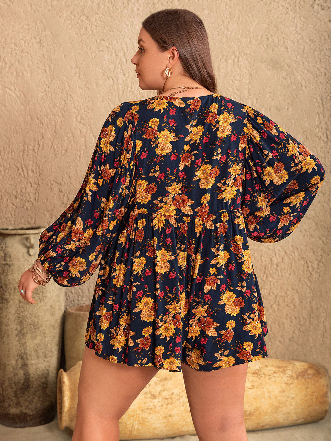 Plus Size Floral Tie Neck Balloon Sleeve Romper - Image 7