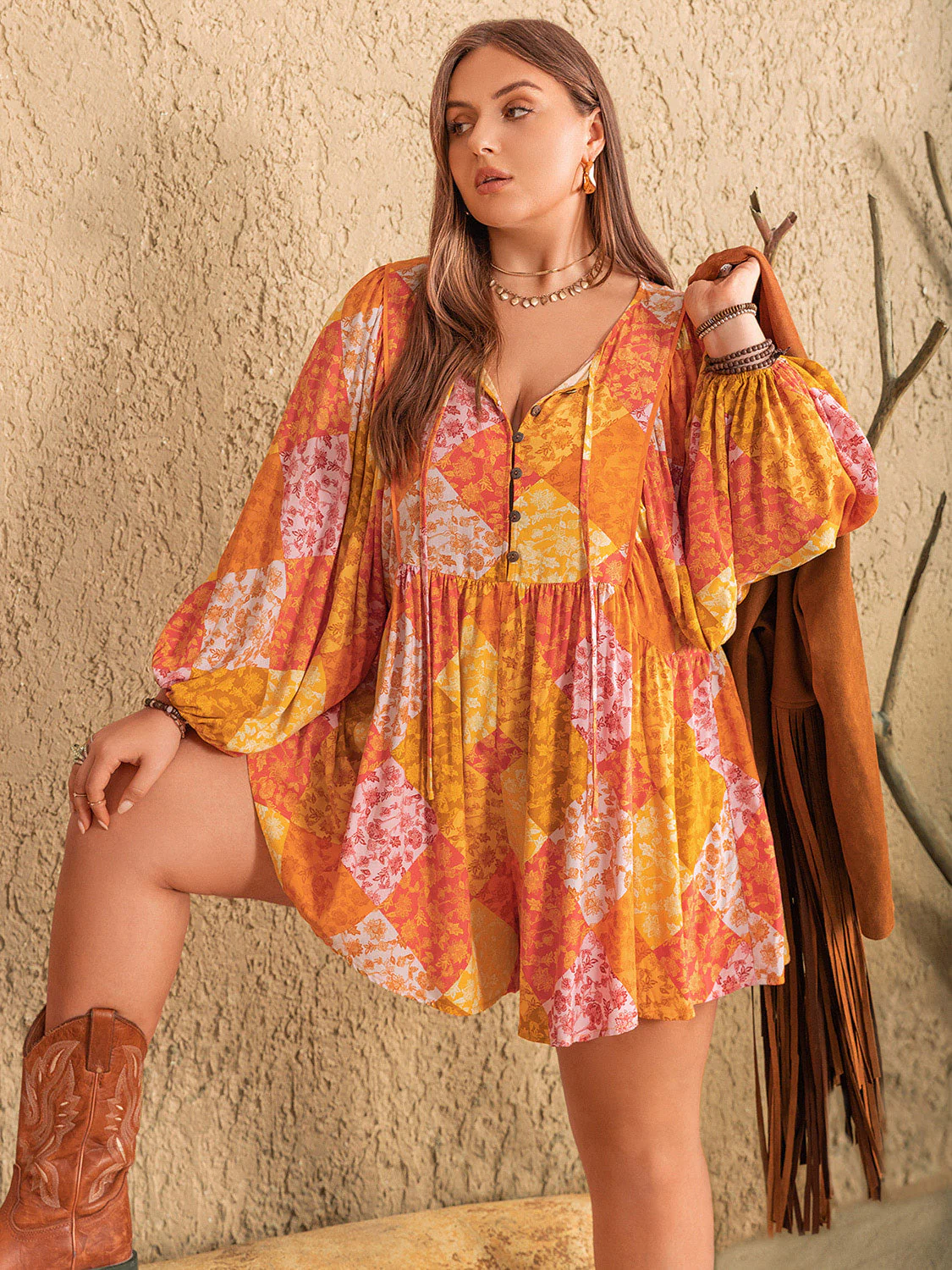 Plus Size Floral Tie Neck Balloon Sleeve Romper - Image 9