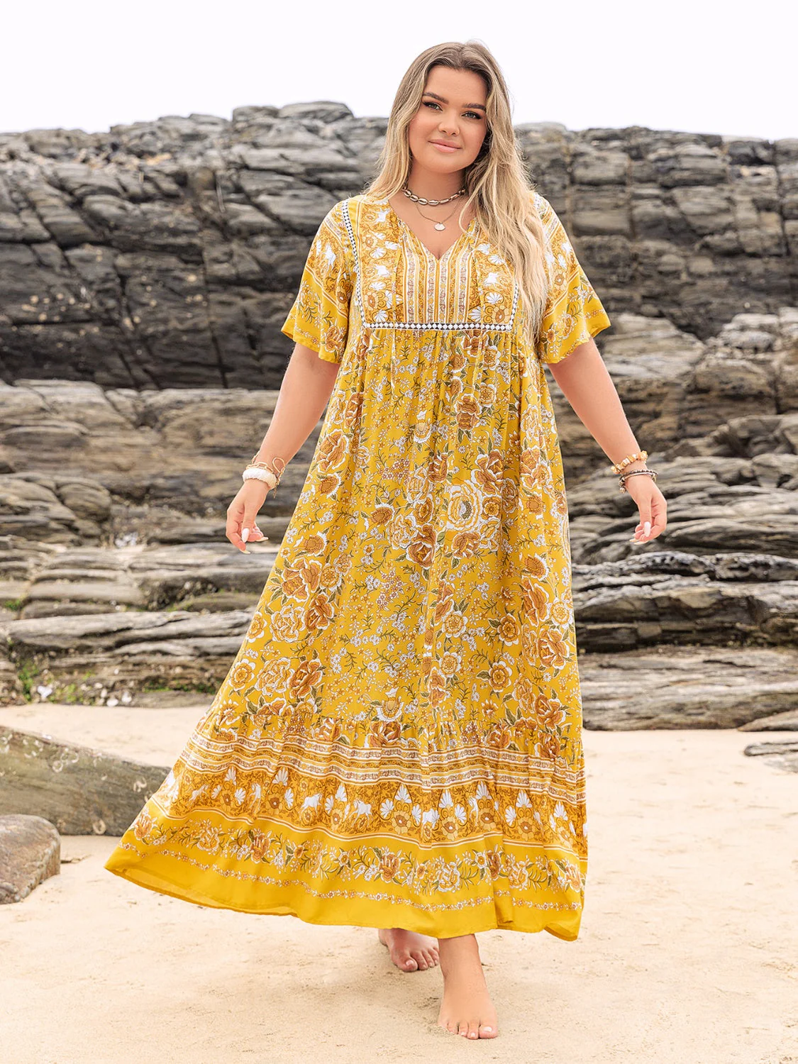 Plus Size Floral Tie Neck Flutter Sleeve Maxi Dress - Image 2