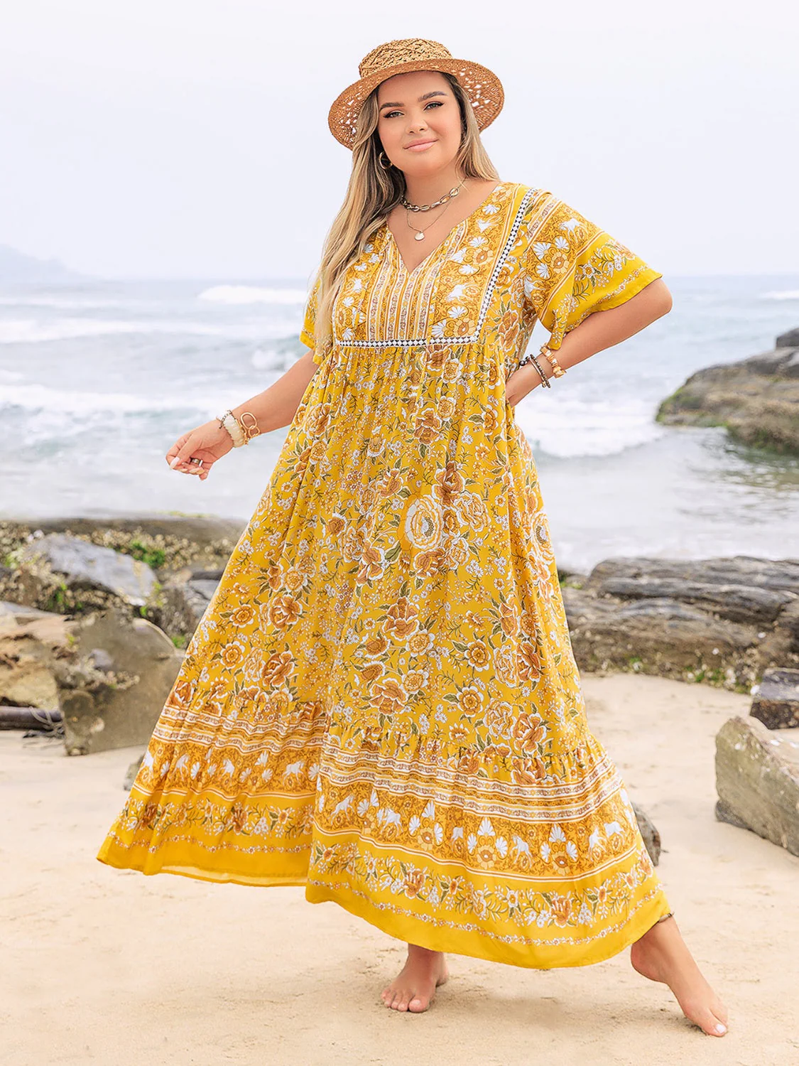 Plus Size Floral Tie Neck Flutter Sleeve Maxi Dress - Image 3