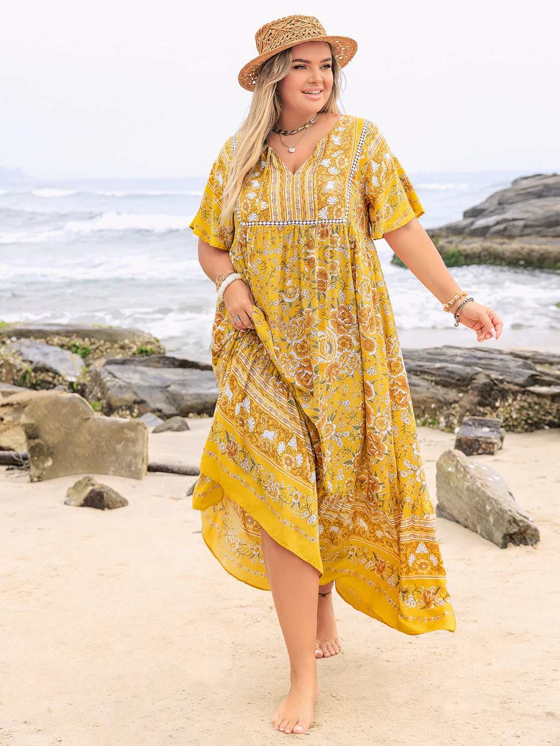 Plus Size Floral Tie Neck Flutter Sleeve Maxi Dress - Image 4