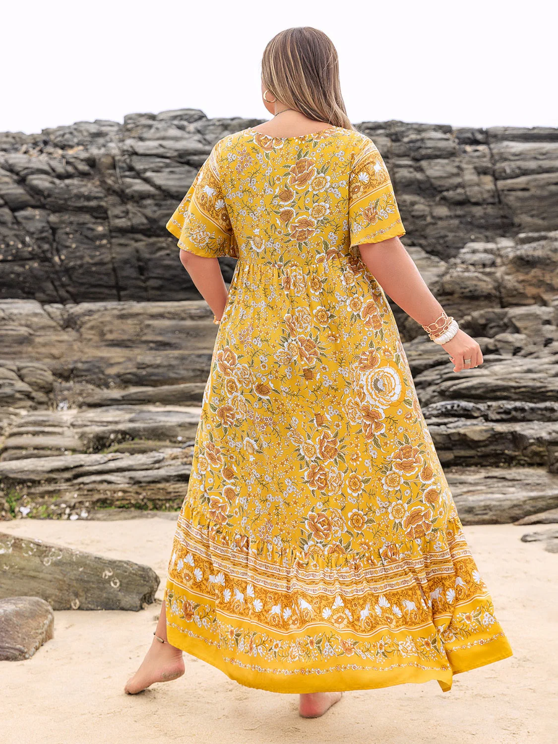 Plus Size Floral Tie Neck Flutter Sleeve Maxi Dress - Image 5