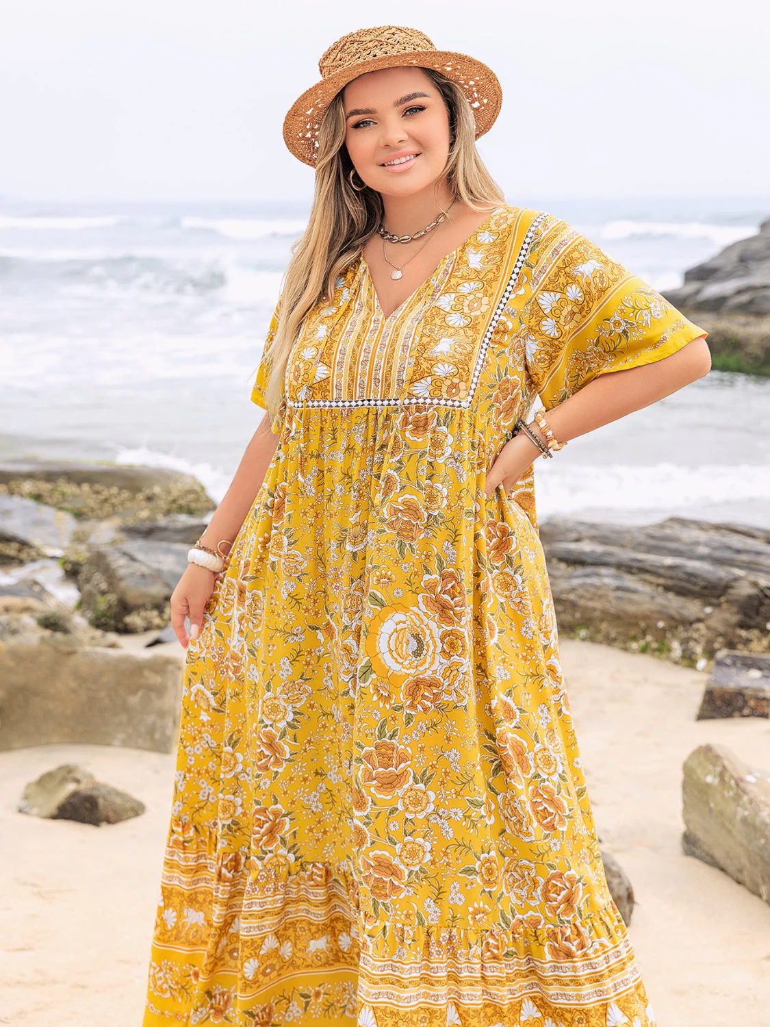 Plus Size Floral Tie Neck Flutter Sleeve Maxi Dress - Image 6