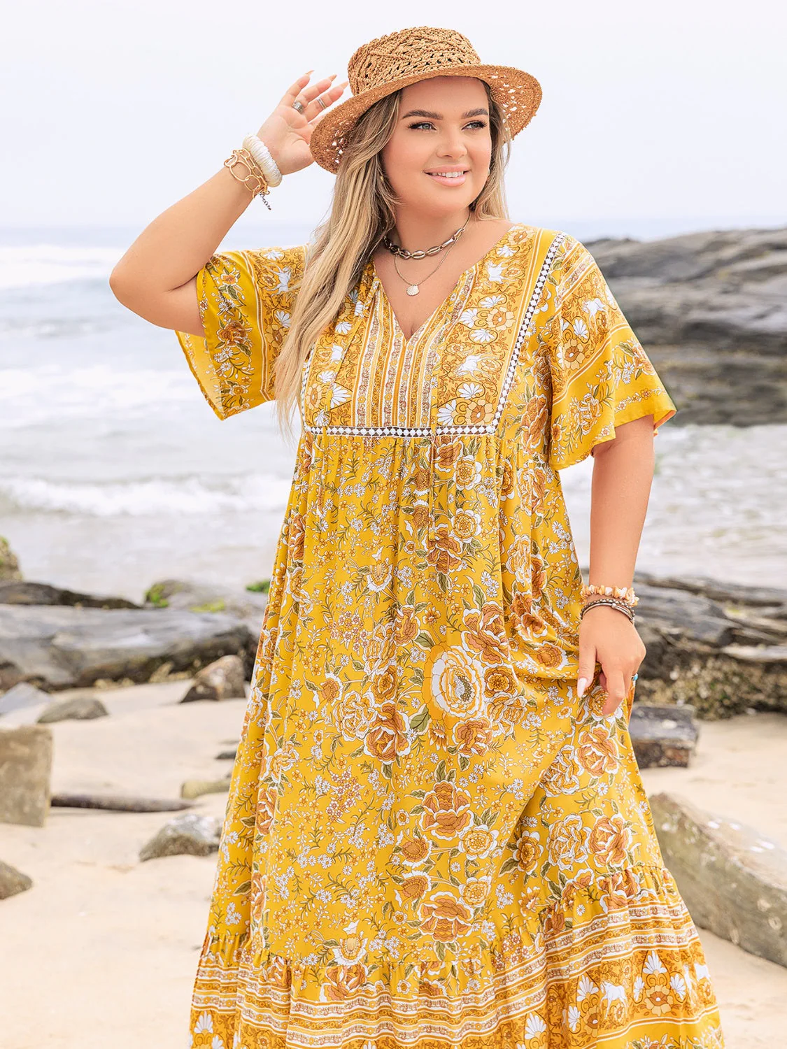Plus Size Floral Tie Neck Flutter Sleeve Maxi Dress - Image 7