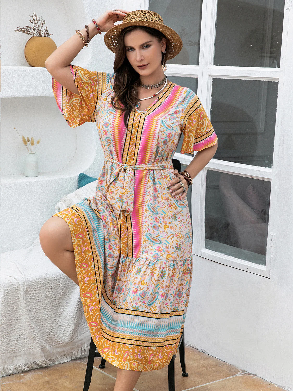 Plus Size Floral Tied Short Sleeve Midi Dress - Image 4