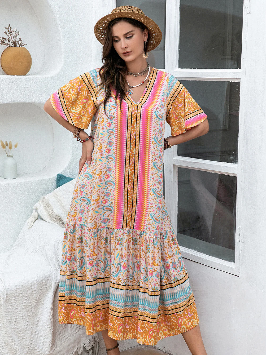 Plus Size Floral Tied Short Sleeve Midi Dress - Image 5