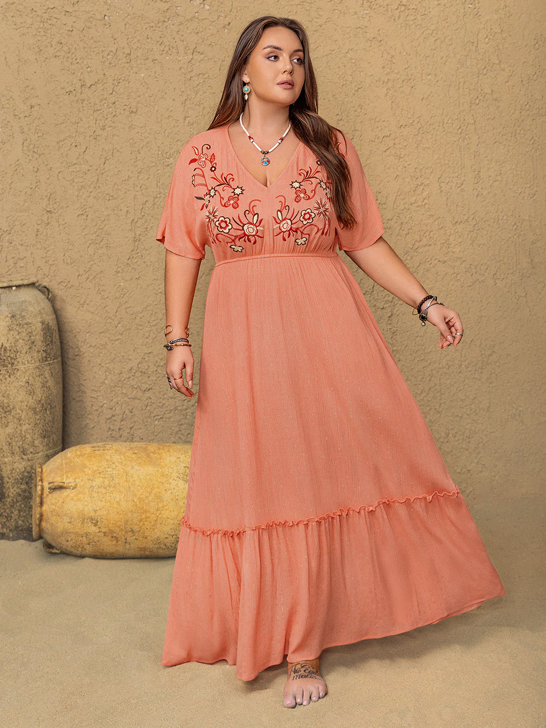 Plus Size Frill Embroidered V-Neck Half Sleeve Maxi Dress - Image 5