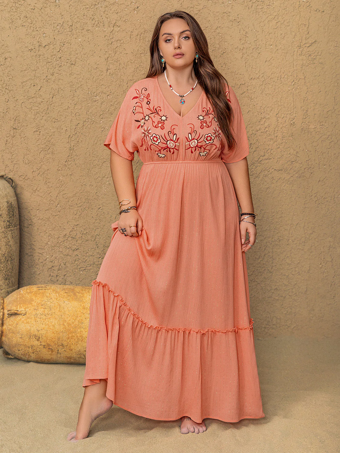 Plus Size Frill Embroidered V-Neck Half Sleeve Maxi Dress - Image 6