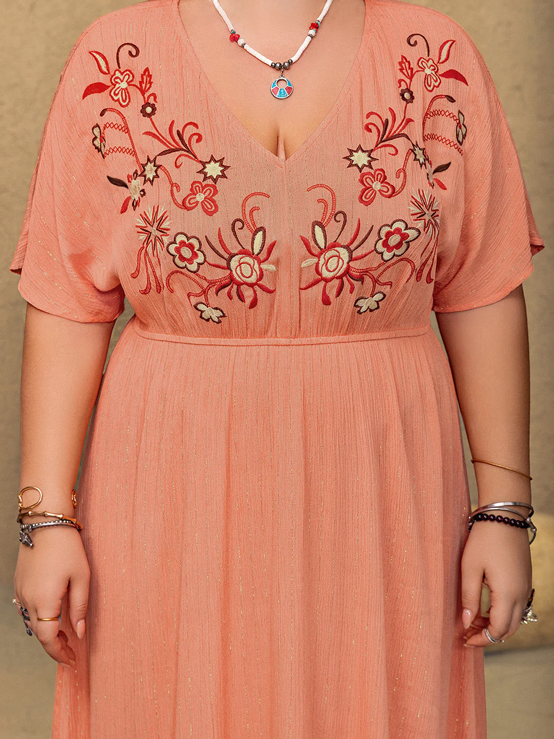 Plus Size Frill Embroidered V-Neck Half Sleeve Maxi Dress - Image 7