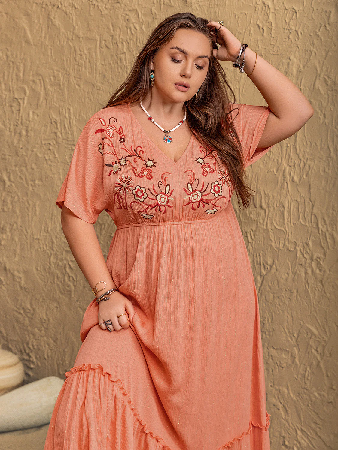 Plus Size Frill Embroidered V-Neck Half Sleeve Maxi Dress - Image 8