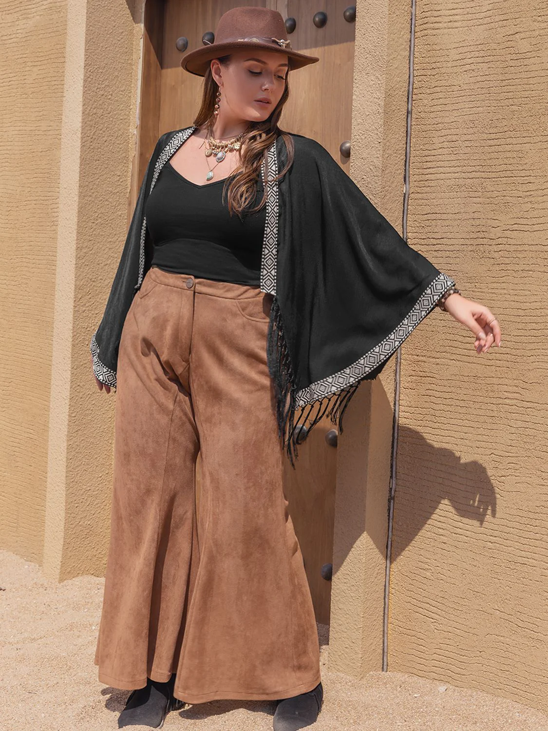 Plus Size Geometric Open Front Fringe Hem Cardigan - Image 6