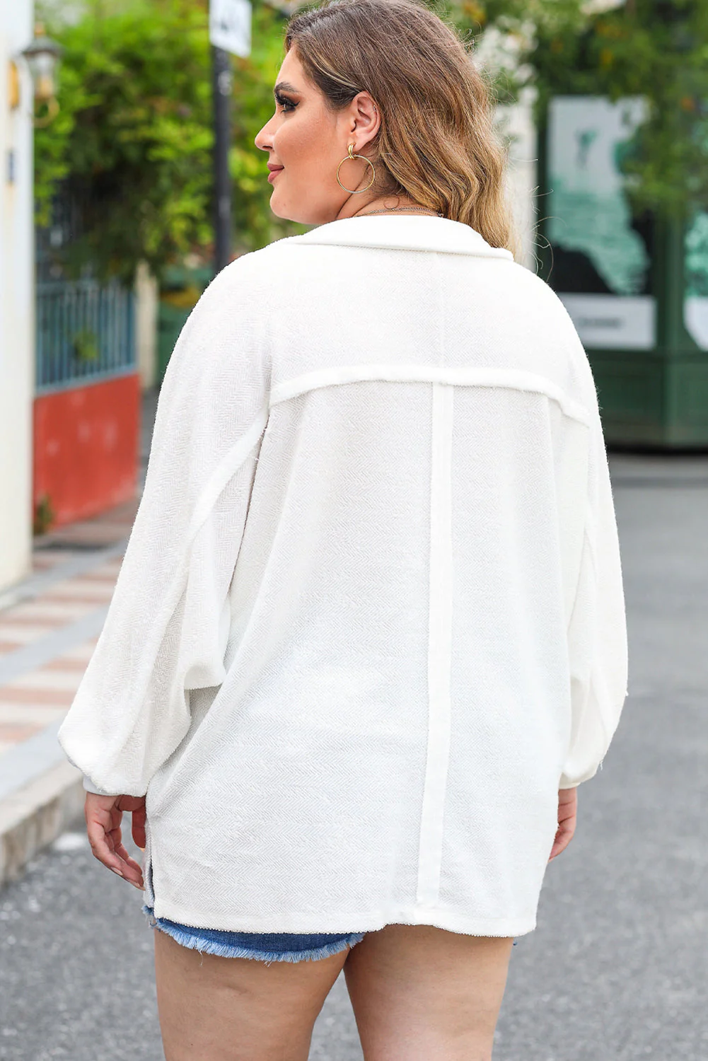 Plus Size Half Button Collared Neck Long Sleeve Blouse - Image 2
