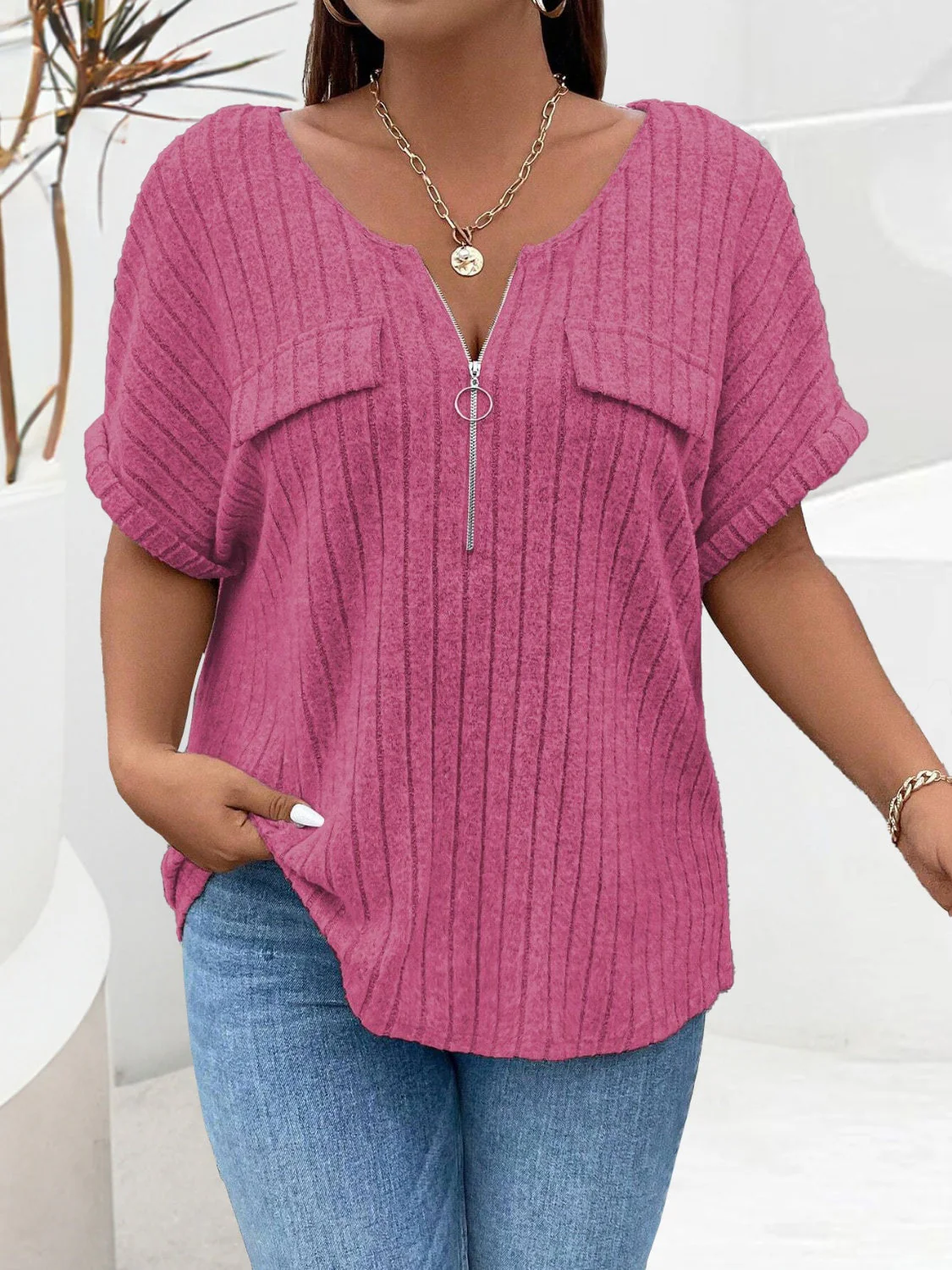 Plus Size Half Zip Short Sleeve T-Shirt - Image 10