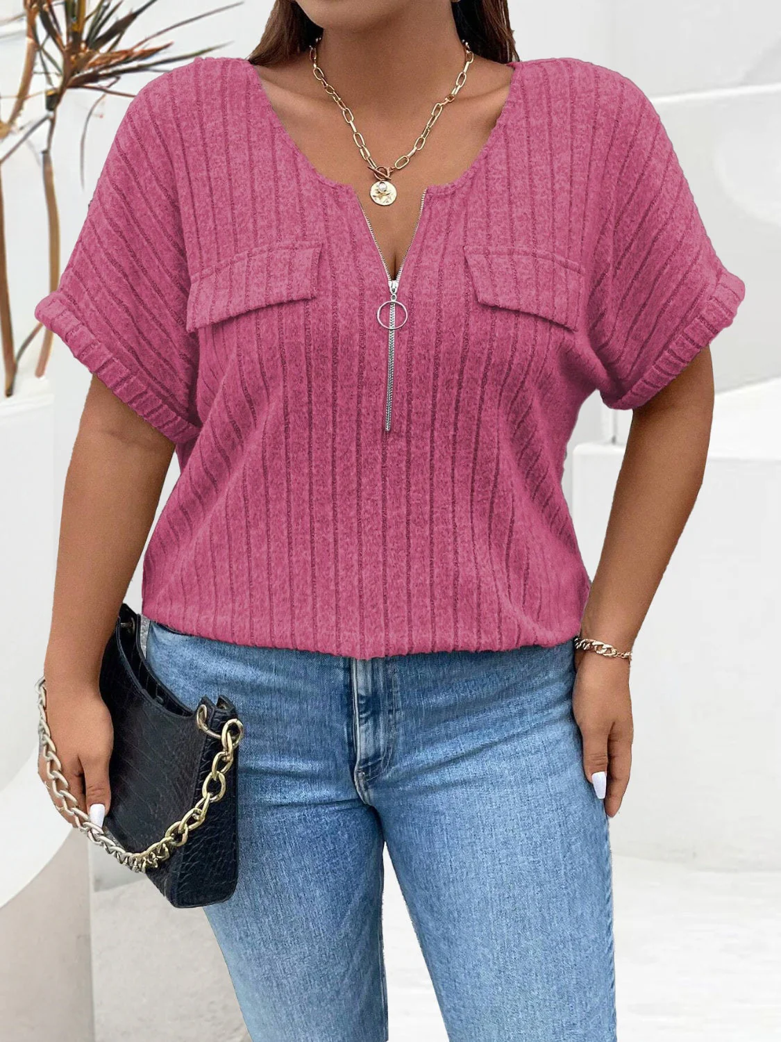 Plus Size Half Zip Short Sleeve T-Shirt - Image 12