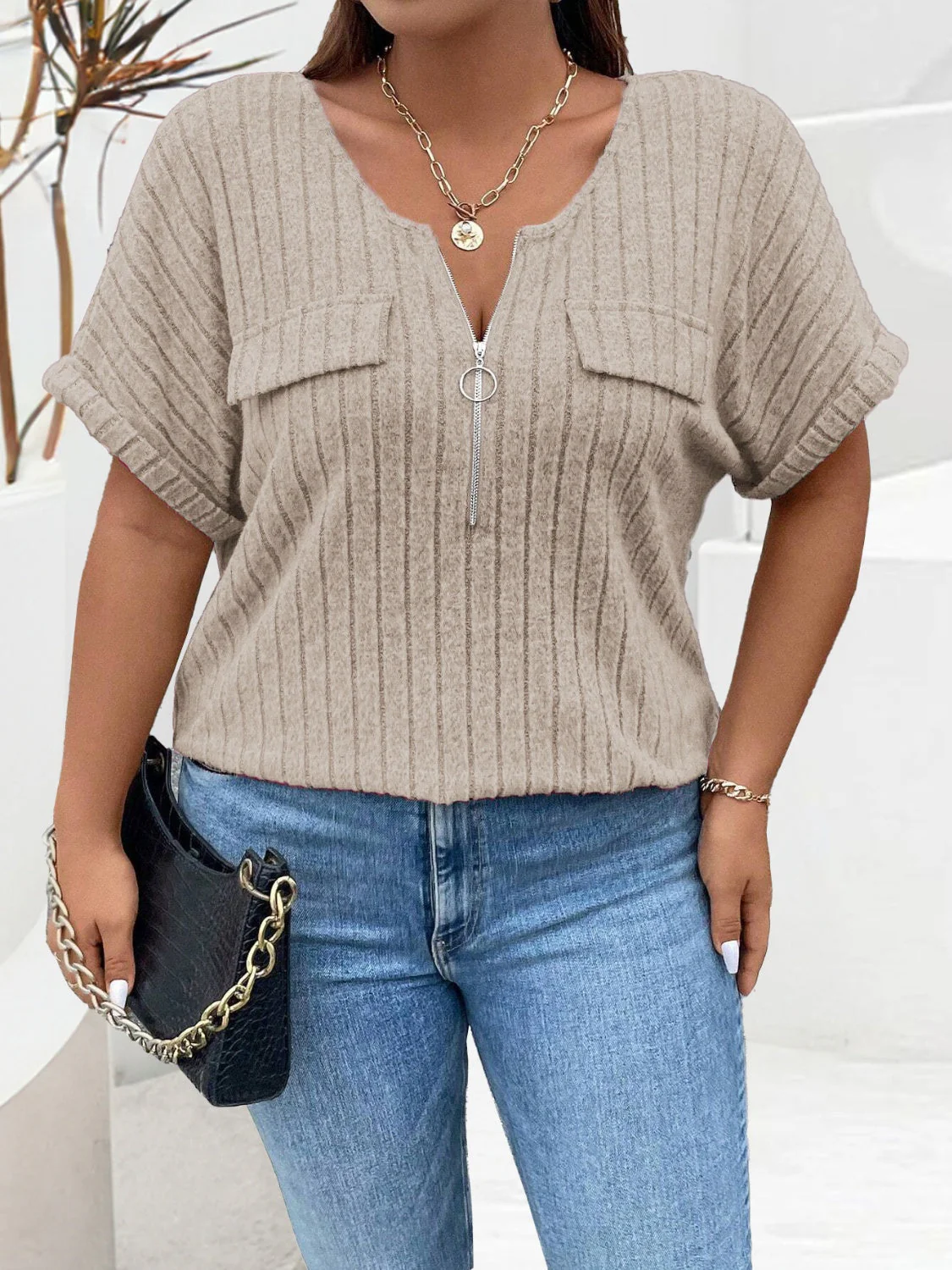 Plus Size Half Zip Short Sleeve T-Shirt - Image 2