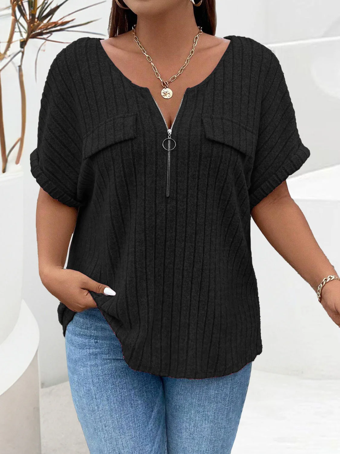 Plus Size Half Zip Short Sleeve T-Shirt - Image 4