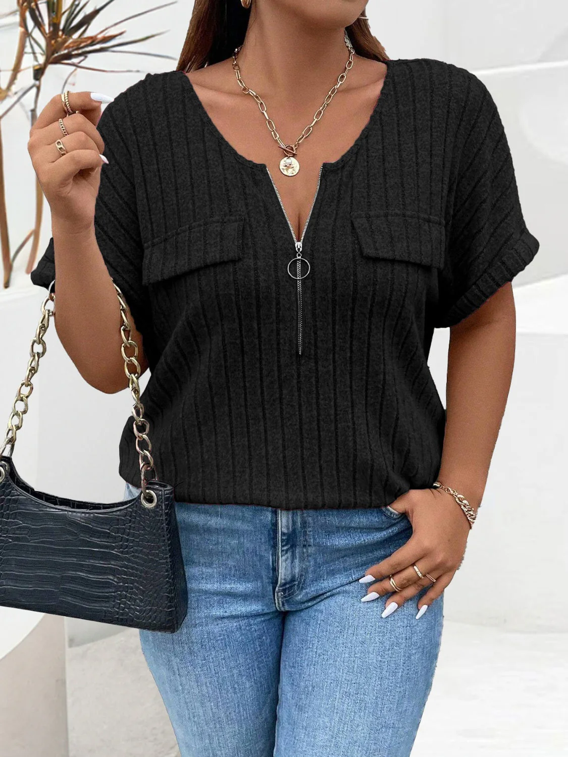 Plus Size Half Zip Short Sleeve T-Shirt - Image 5