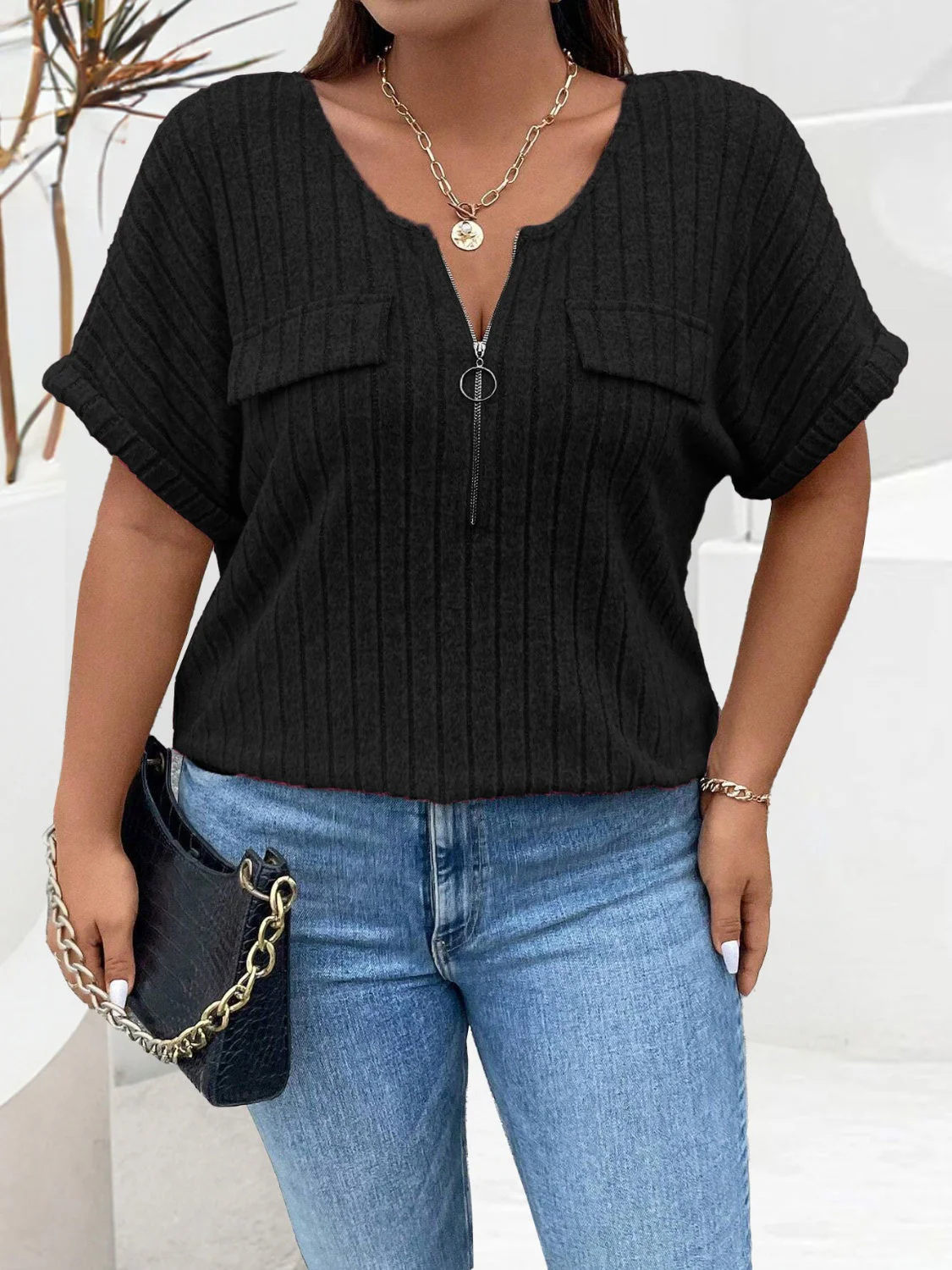 Plus Size Half Zip Short Sleeve T-Shirt - Image 6