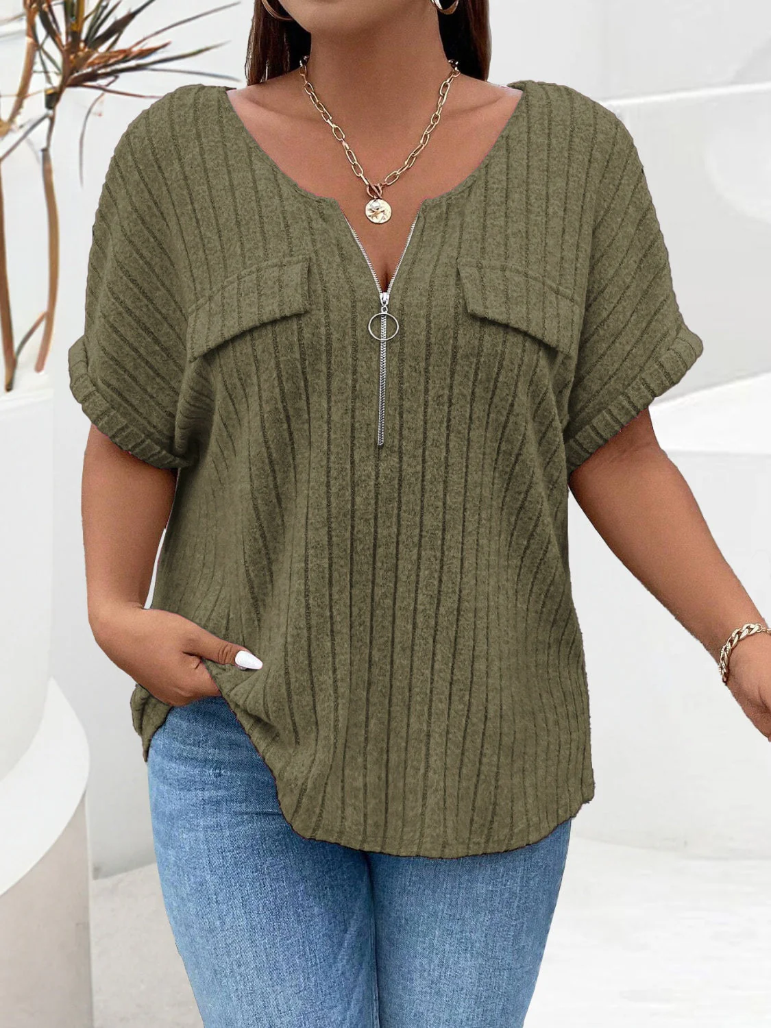 Plus Size Half Zip Short Sleeve T-Shirt - Image 7