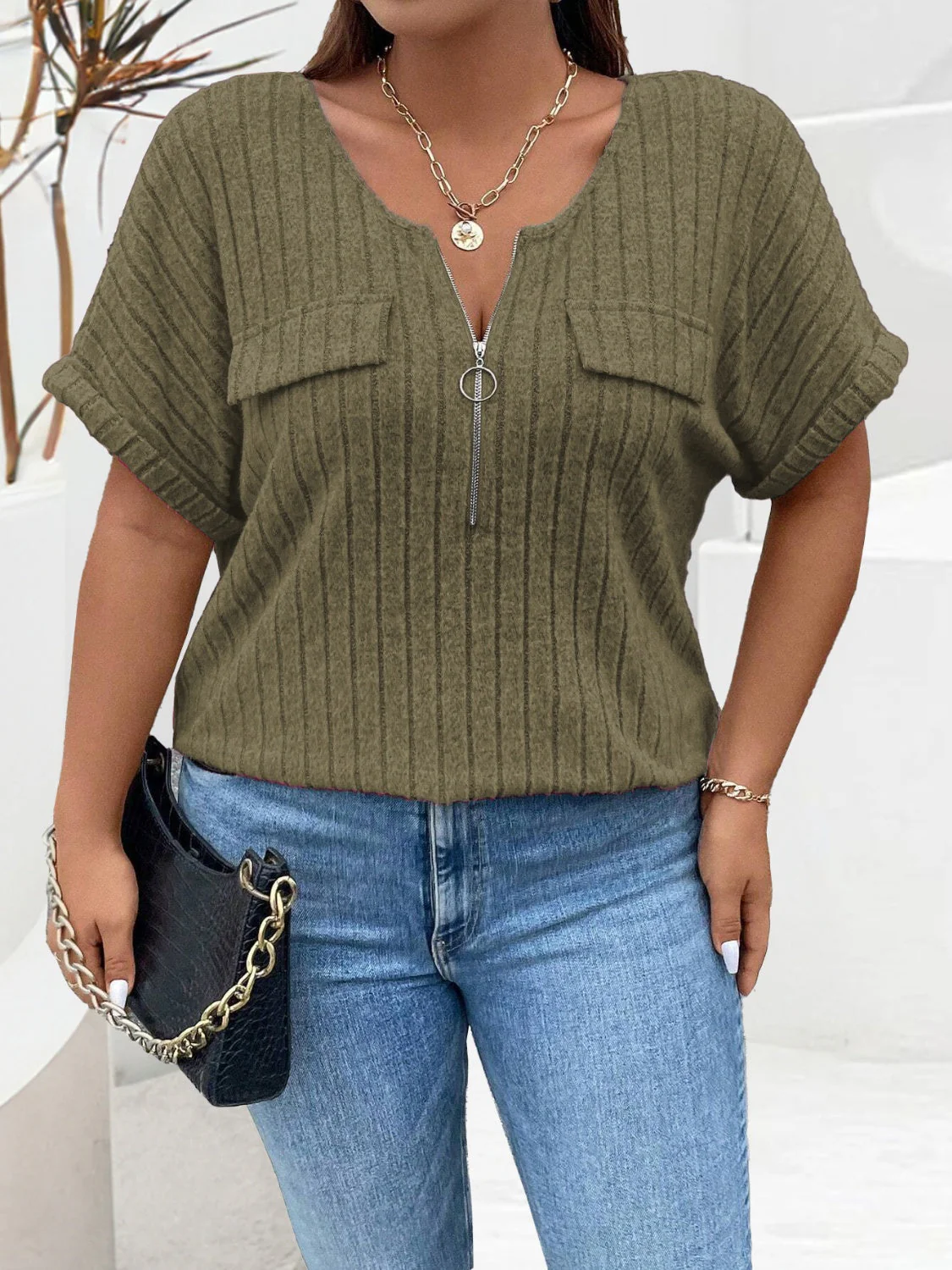 Plus Size Half Zip Short Sleeve T-Shirt - Image 9