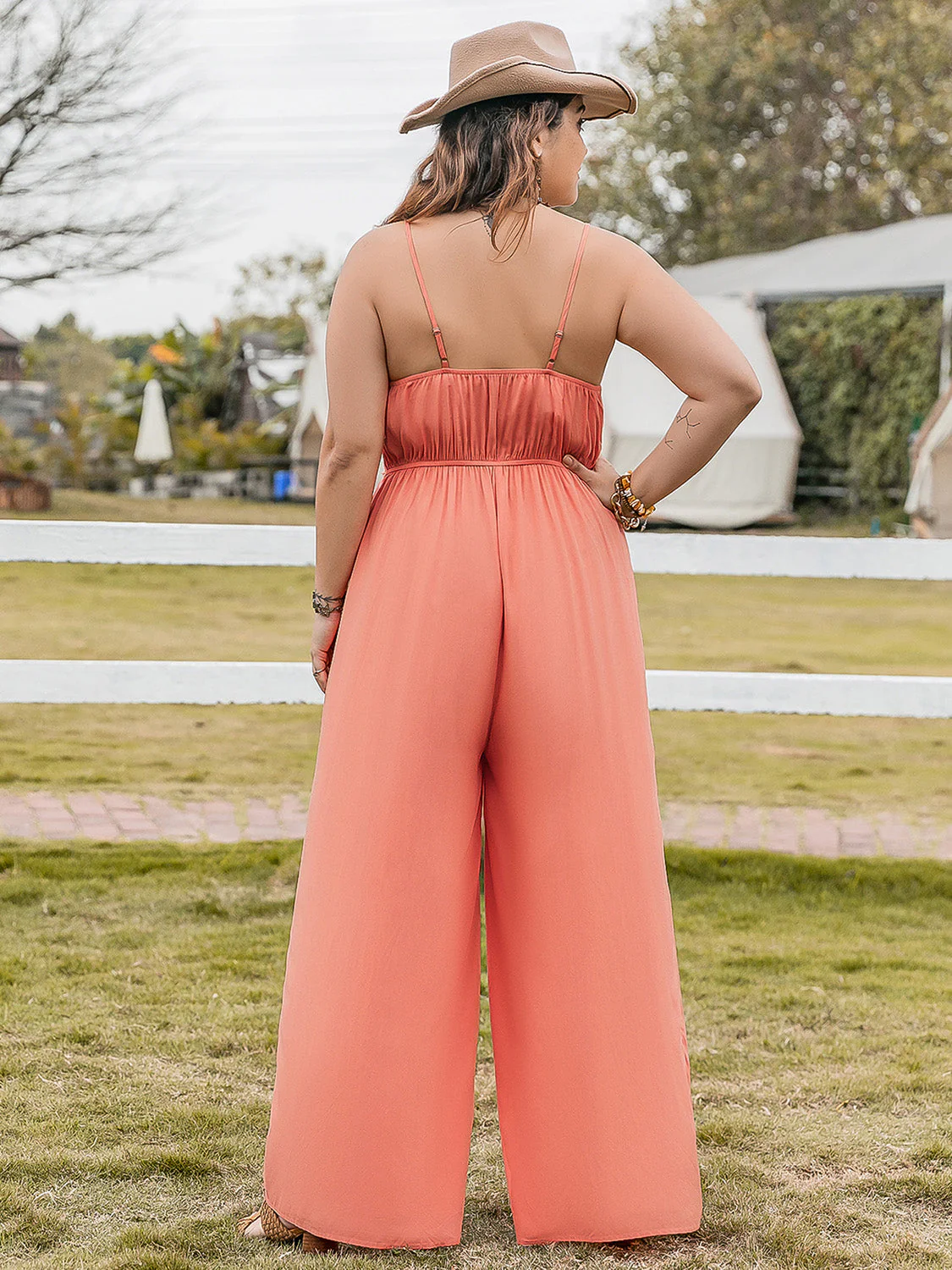 Plus Size Lace Detail Spaghetti Strap Wide Leg Jumpsuit - Image 2