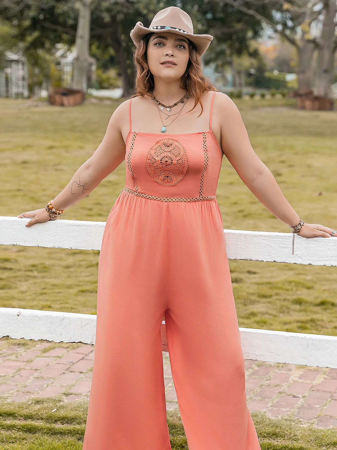Plus Size Lace Detail Spaghetti Strap Wide Leg Jumpsuit - Image 3