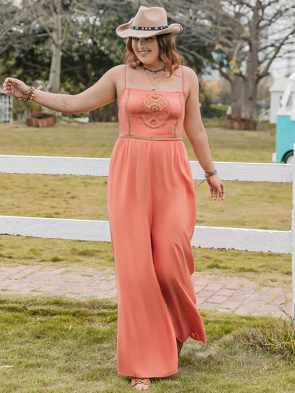 Plus Size Lace Detail Spaghetti Strap Wide Leg Jumpsuit - Image 5