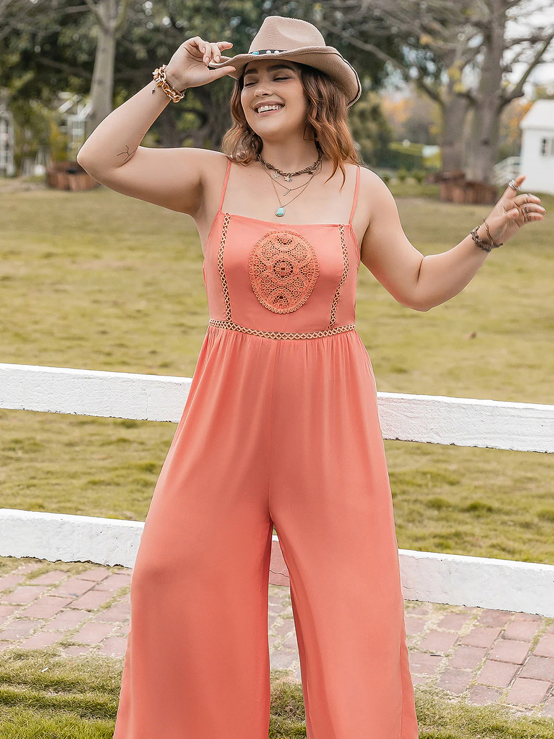 Plus Size Lace Detail Spaghetti Strap Wide Leg Jumpsuit - Image 6