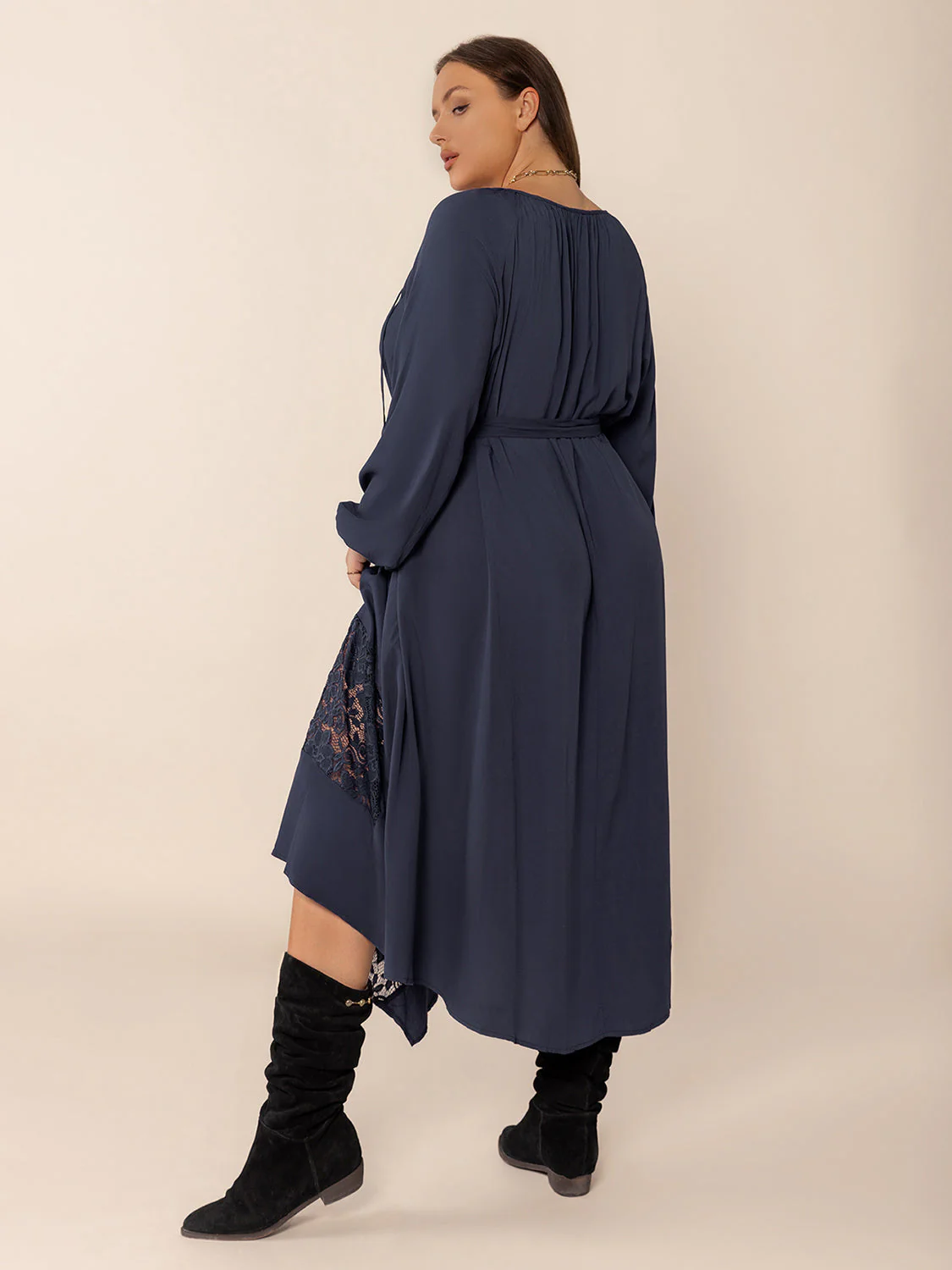 Plus Size Lace Detail Tie Neck Long Sleeve Midi Dress - Image 2