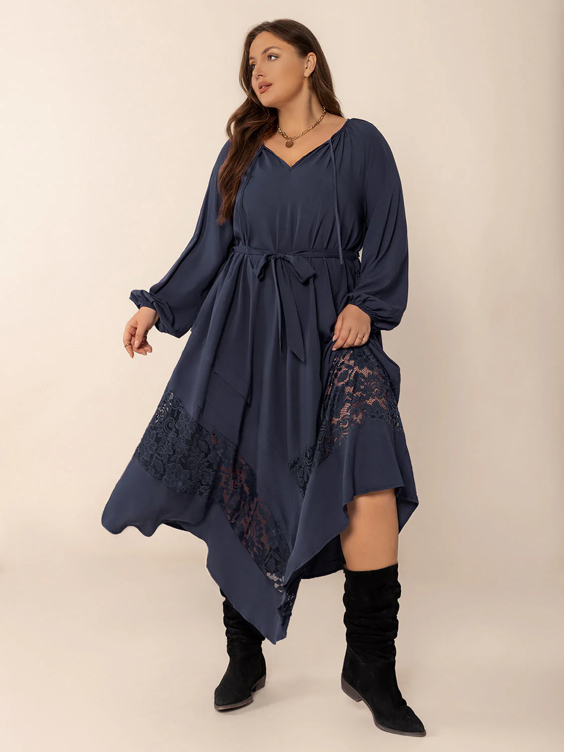 Plus Size Lace Detail Tie Neck Long Sleeve Midi Dress - Image 3