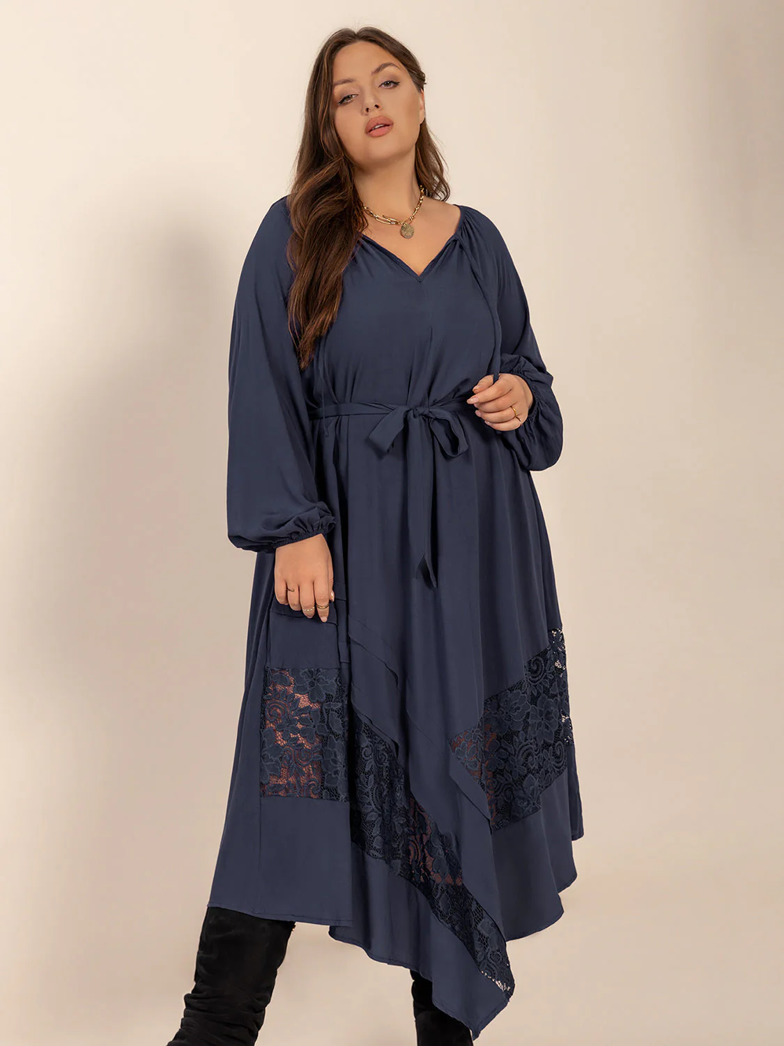 Plus Size Lace Detail Tie Neck Long Sleeve Midi Dress - Image 4