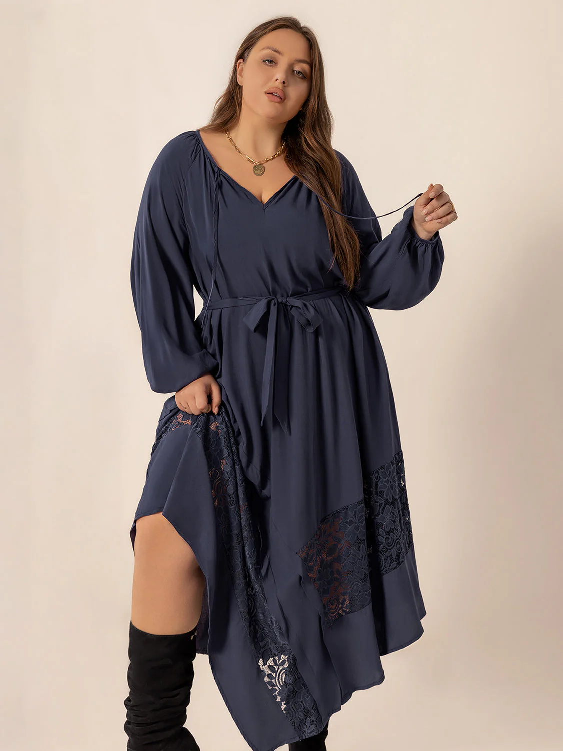 Plus Size Lace Detail Tie Neck Long Sleeve Midi Dress - Image 5