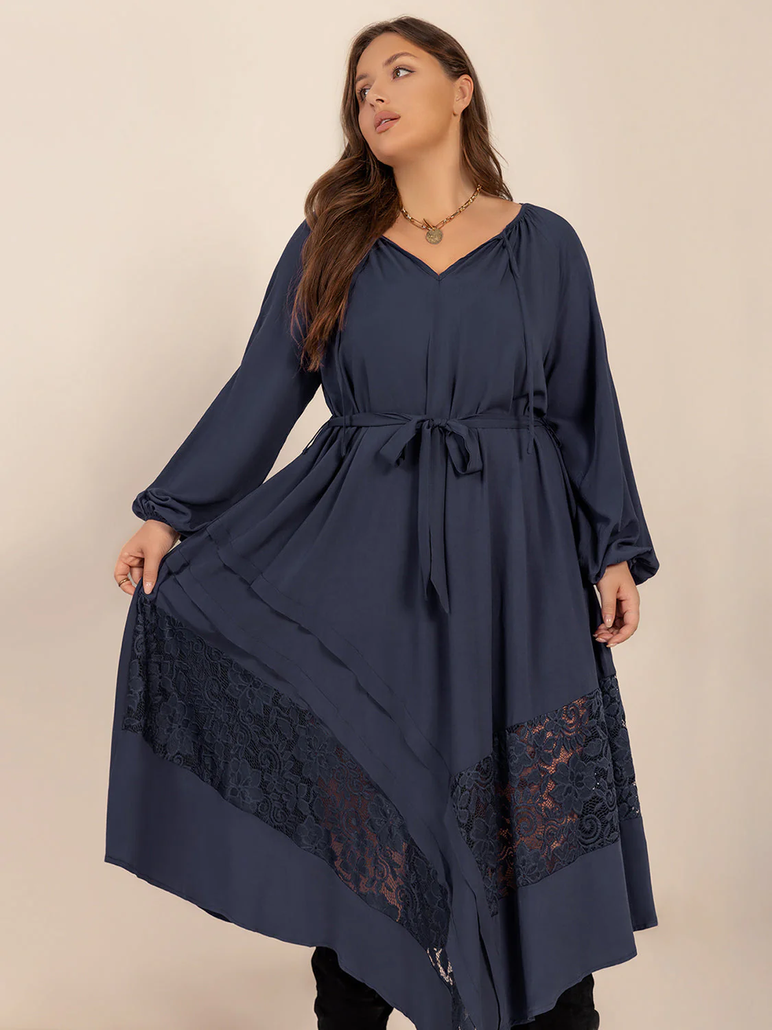Plus Size Lace Detail Tie Neck Long Sleeve Midi Dress - Image 6