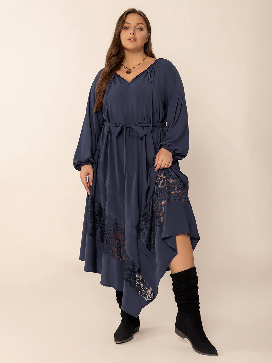 Plus Size Lace Detail Tie Neck Long Sleeve Midi Dress - Image 7