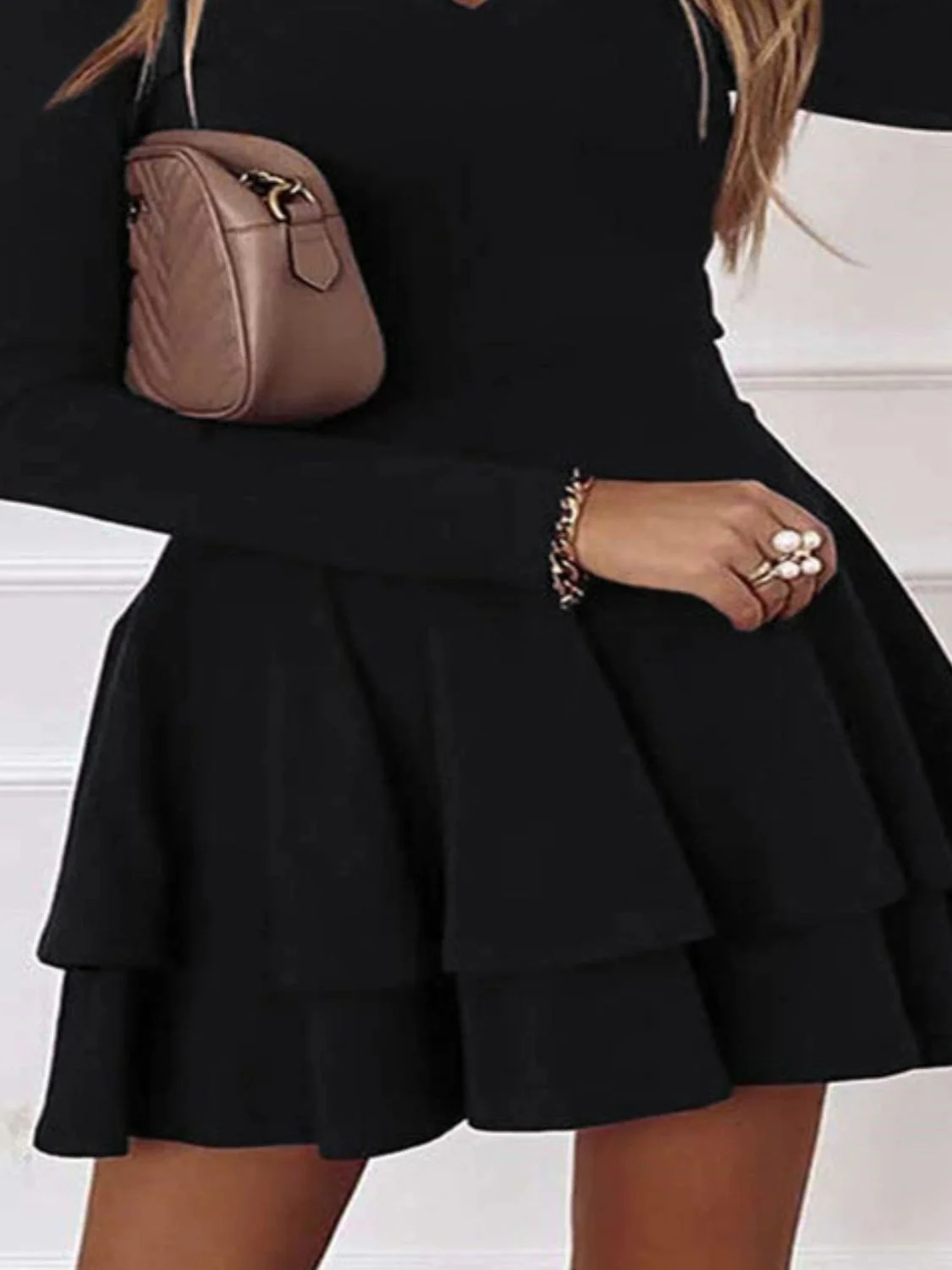 Plus Size Layered V-Neck Long Sleeve Mini Dress - Image 2