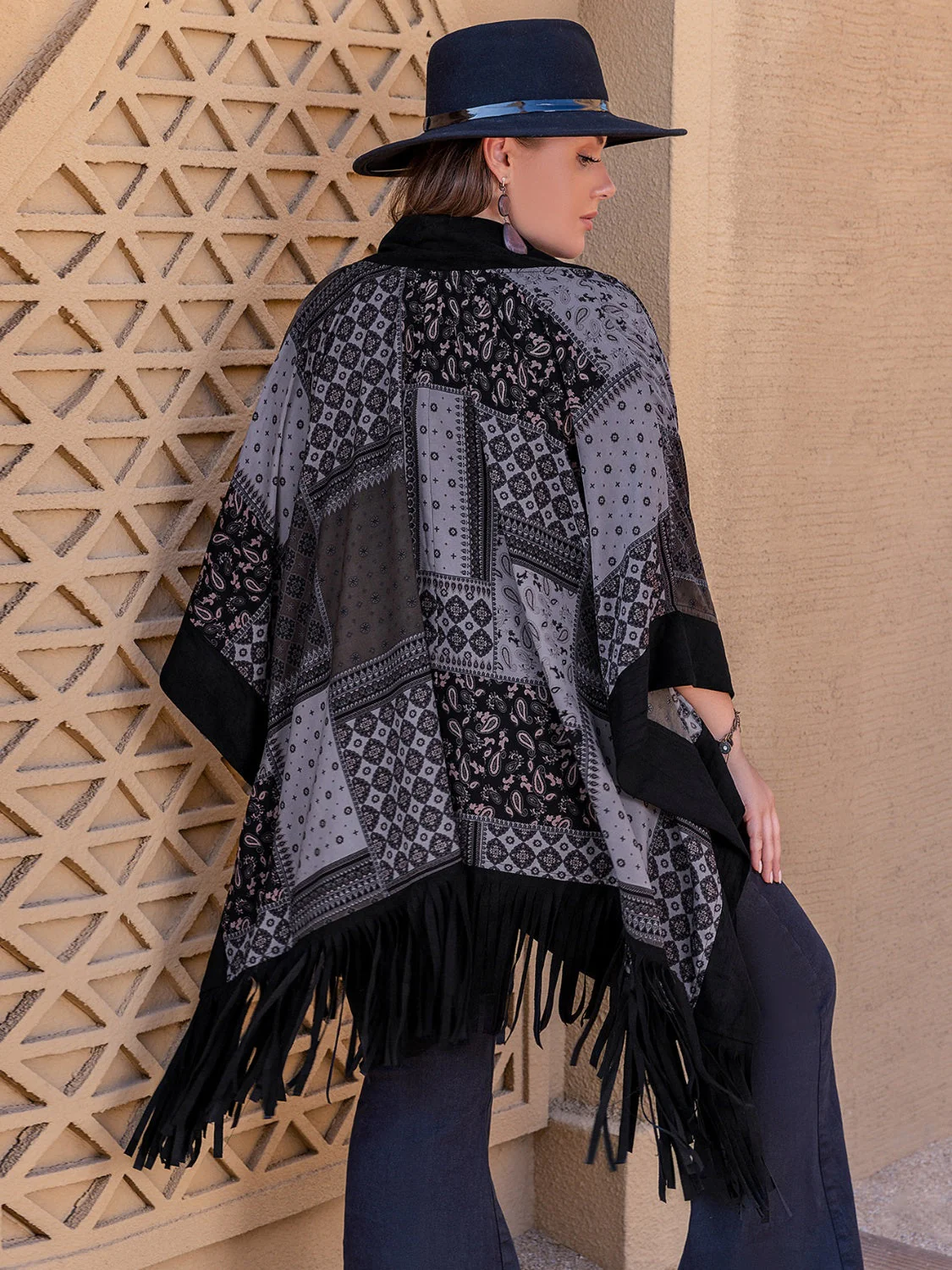 Plus Size Printed Fringe Open Front Outerwear - Image 2