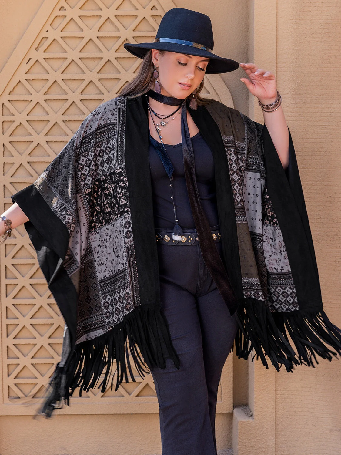Plus Size Printed Fringe Open Front Outerwear - Image 3