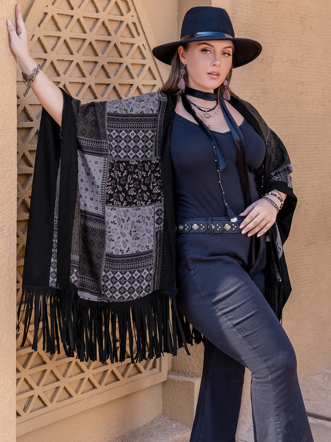 Plus Size Printed Fringe Open Front Outerwear - Image 5