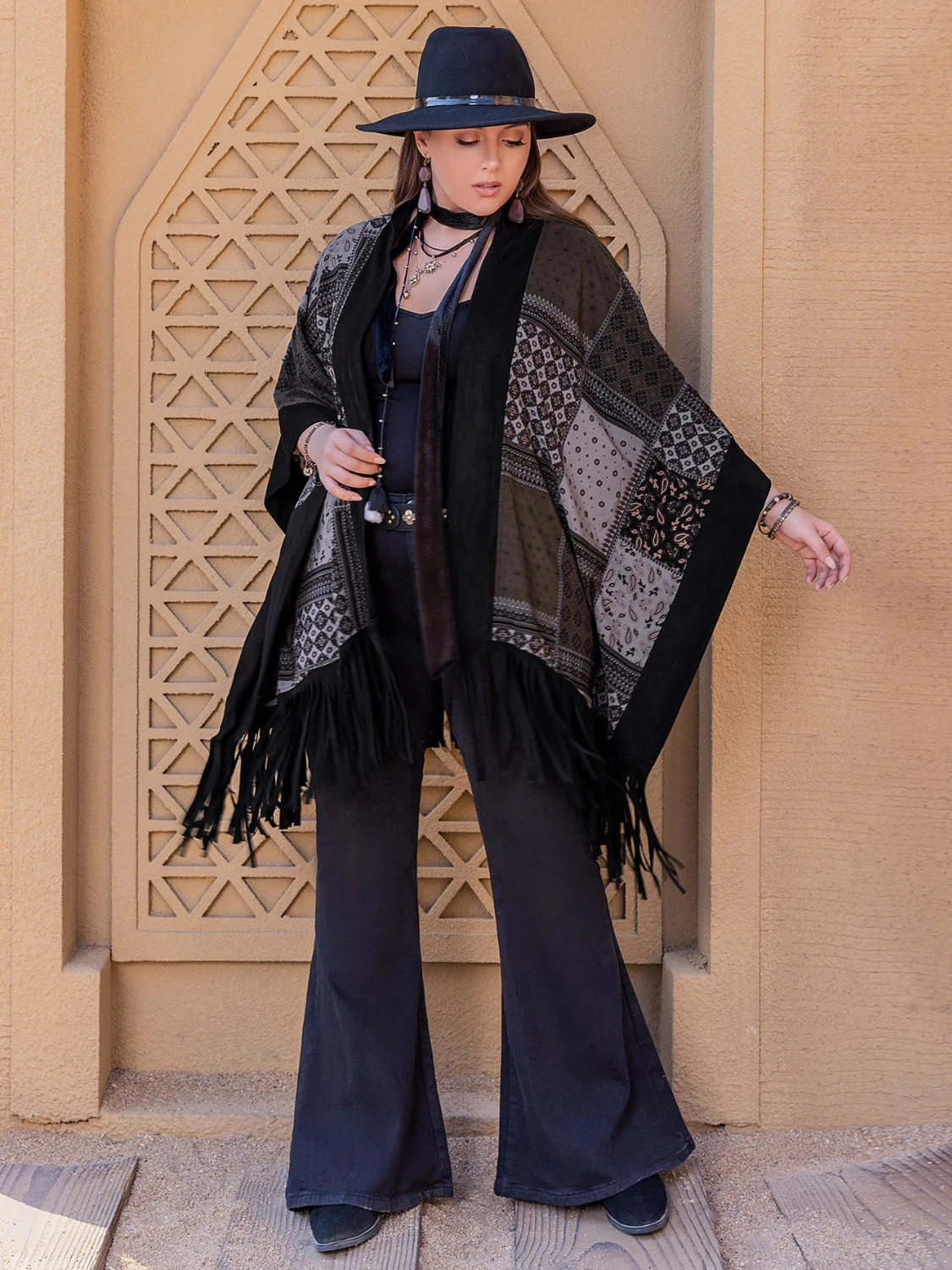 Plus Size Printed Fringe Open Front Outerwear - Image 6