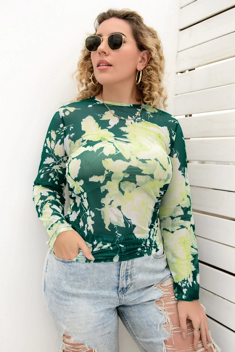 Plus Size Printed Round Neck Long Sleeve Blouse - Image 3