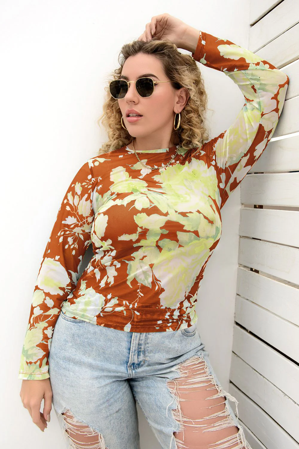 Plus Size Printed Round Neck Long Sleeve Blouse - Image 7