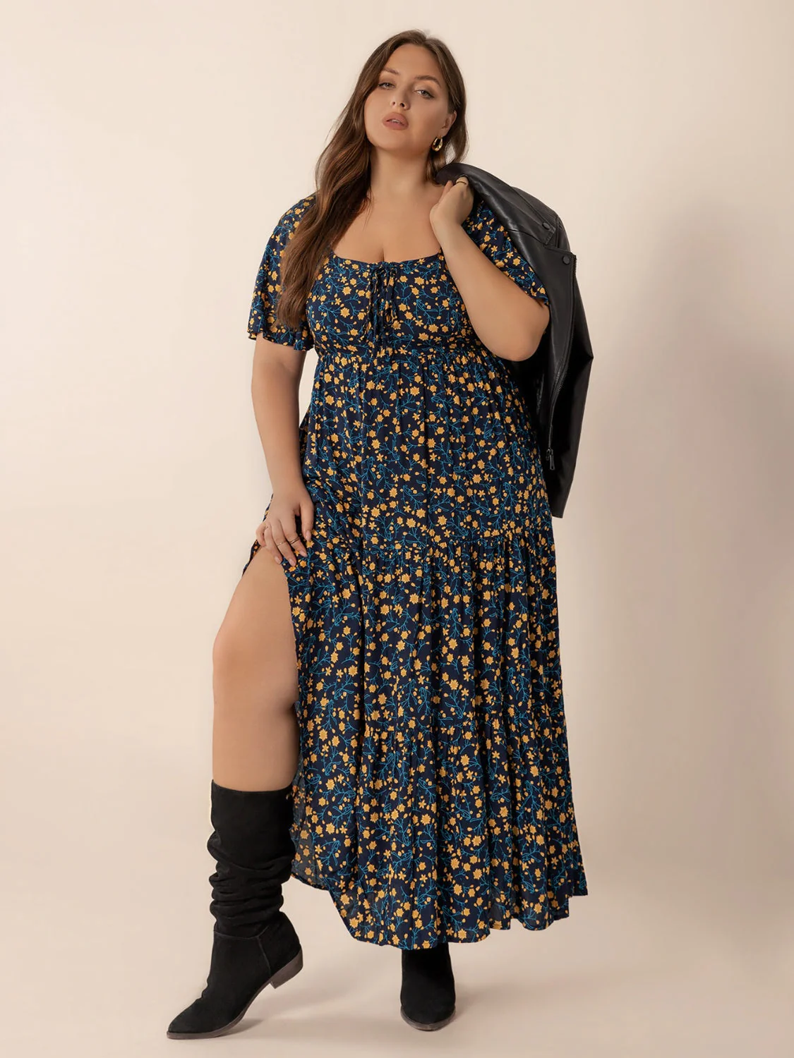 Plus Size Printed Short Sleeve Slit Tiered Maxi Dress - Image 3