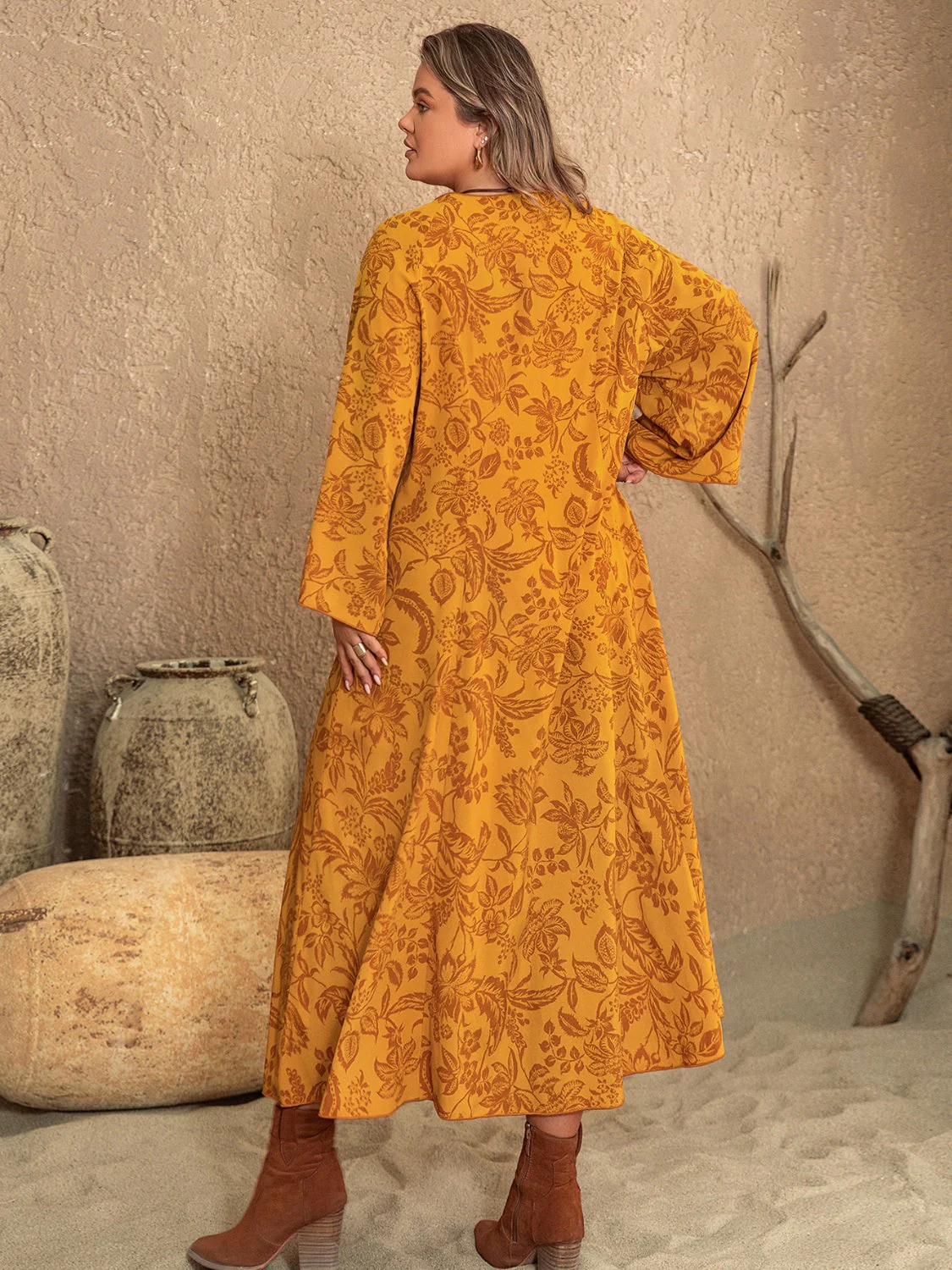 Plus Size Printed Slit Long Sleeve Dress - Image 2