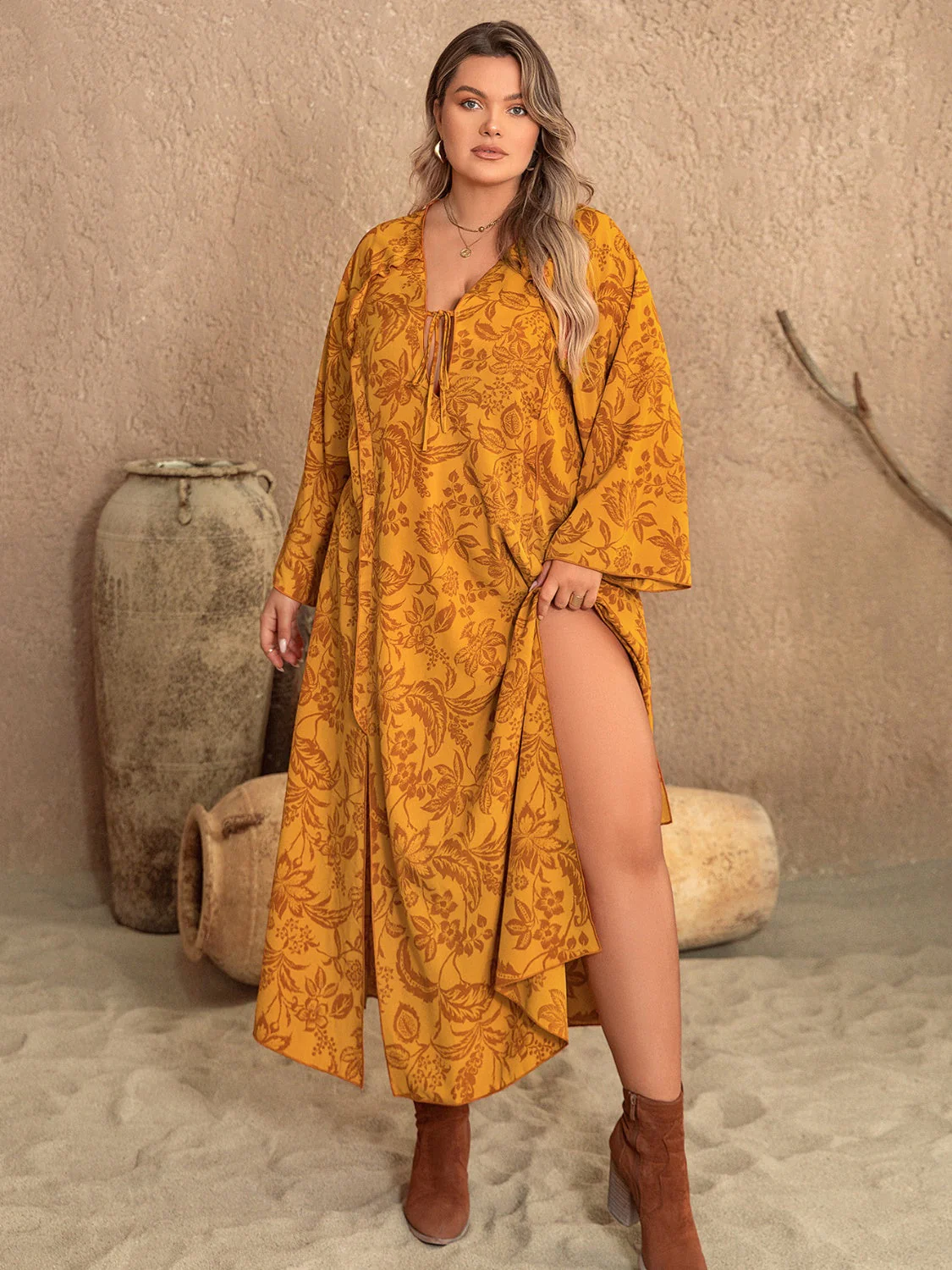 Plus Size Printed Slit Long Sleeve Dress - Image 3